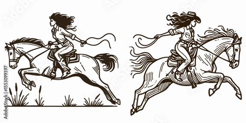 African American Cowgirl Jumping off horse. Western Cartoon Clipart Cowboy Silhouette Line Art Vector Illustration. Black female equestrian leaping down horsewoman dismount action.