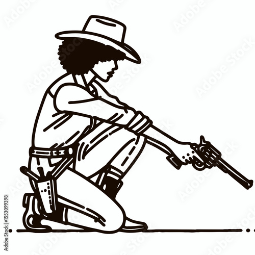 African American Cowgirl Kneeling to draw gun. Western Cartoon Clipart Cowboy Silhouette Line Art Vector Illustration. Black female rancher on one knee weapon in hand getting ready genre.