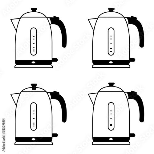 Four Modern Electric Kettle Icons: Minimalist Black and White Illustrations for Website or App Design.