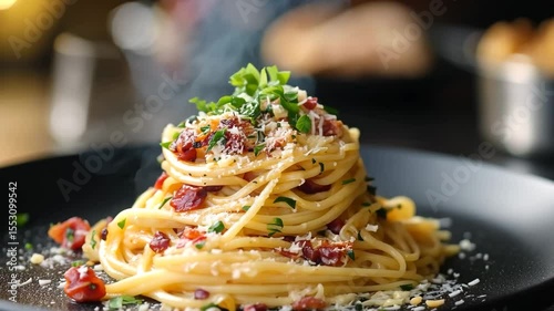 closeup carbonara spaghetti on background	
