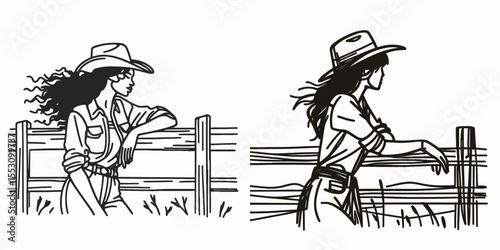 African American Cowgirl Leaning on a fence. Western Cartoon Clipart Cowboy Silhouette Line Art Vector Illustration. Female dark equestrian resting near wood barrier ranch theme.