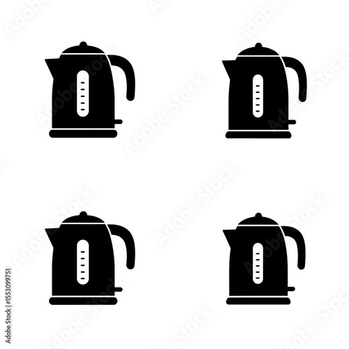 Four Modern Electric Kettle Icons: Minimalist Black and White Illustrations for Website or App Design.