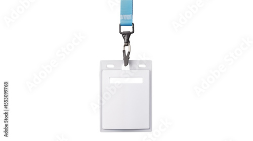 White identity badge hangs from a light blue lanyard on a transparent background.