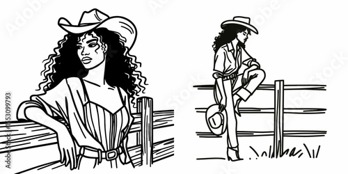 African American Cowgirl Leaning on a fence. Western Cartoon Clipart Cowboy Silhouette Line Art Vector Illustration. Black female rancher resting by timber border farm life equine scene.