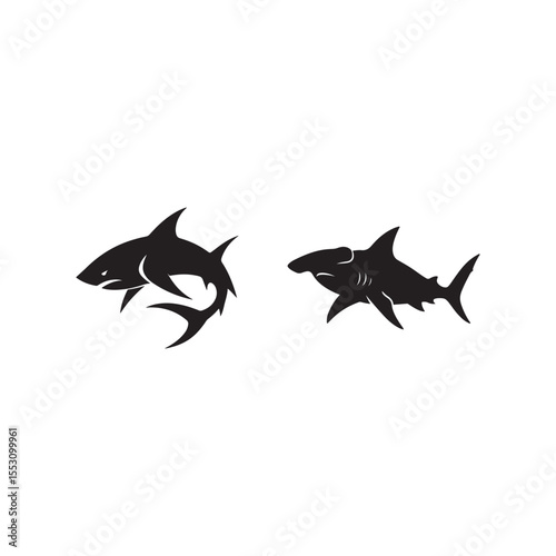 Two black shark silhouettes on a white background showcasing marine life and design elements neatly