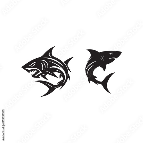 Two black shark silhouettes on a white background one with tribal design and the other simple