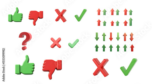 Versatile Feedback & Rating Icon Set – Green Thumbs-Up, Red Thumbs-Down, Check Marks, X Marks, Arrows & Question Marks for UI/UX, Infographics & Presentations