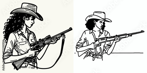 African American Cowgirl Loading a rifle. Western Cartoon Clipart Cowboy Silhouette Line Art Vector Illustration. Dark-skinned woman rancher readies firearm heritage picture.