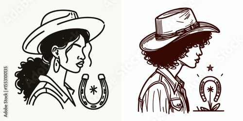 African American Cowgirl Looking at horseshoe. Western Cartoon Clipart Cowboy Silhouette Line Art Vector Illustration. Black female rancher observing equine iron footwear good luck charm.