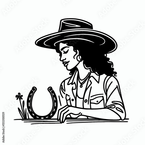 African American Cowgirl Looking at horseshoe. Western Cartoon Clipart Cowboy Silhouette Line Art Vector Illustration. Dark-skinned female rancher gazing iron horse boot heritage theme.
