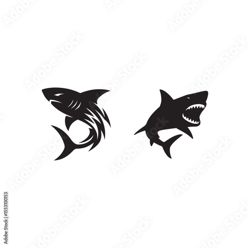 Two black shark silhouettes, one with tribal design and the other with open mouth and sharp teeth