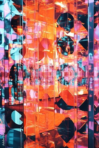 Intricate shapes with intersecting diagonal lines and circles, hot and soft colors creating a reflective finish 