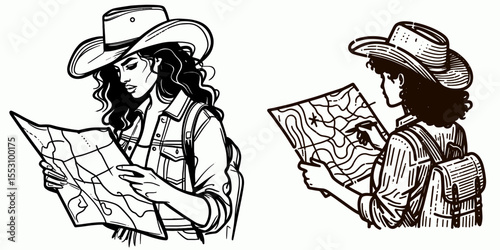 African American Cowgirl Looking at map. Western Cartoon Clipart Cowboy Silhouette Line Art Vector Illustration. Dark-skinned woman rancher viewing a chart direction finding on land.
