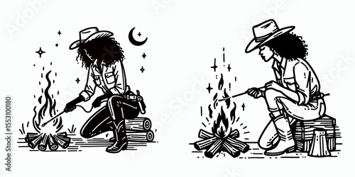 African American Cowgirl Lighting campfire. Western Cartoon Clipart Cowboy Silhouette Line Art Vector Illustration. Woman of color rider kindling flame at open air camp.