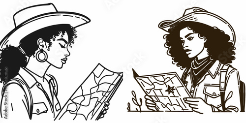 African American Cowgirl Looking at map. Western Cartoon Clipart Cowboy Silhouette Line Art Vector Illustration. Female of descent rider examining area guide.