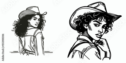 African American Cowgirl Looking over shoulder. Western Cartoon Clipart Cowboy Silhouette Line Art Vector Illustration. Black female rancher glances back across terrain heritage picture.