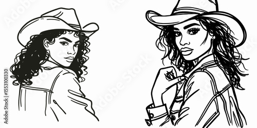 African American Cowgirl Looking over shoulder. Western Cartoon Clipart Cowboy Silhouette Line Art Vector Illustration. Black female rancher glancing backward with garment on farmland.