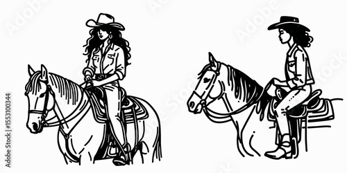 African American Cowgirl Mounting a horse. Western Cartoon Clipart Cowboy Silhouette Line Art Vector Illustration. Black woman rider getting atop equine heritage rural scene country.