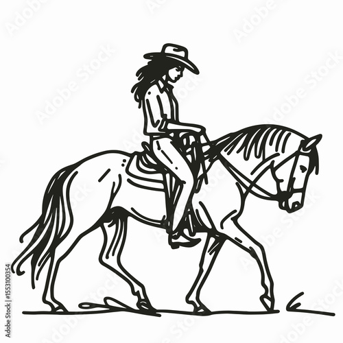 African American Cowgirl Mounting a horse. Western Cartoon Clipart Cowboy Silhouette Line Art Vector Illustration. Black woman equestrian climbing on pony ranch lifestyle equine activity.