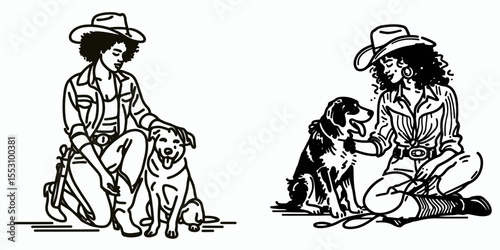 African American Cowgirl Petting a dog. Western Cartoon Clipart Cowboy Silhouette Line Art Vector Illustration. Black female rancher giving love to canine farm animal friend.