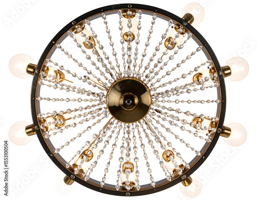 Top View of Round Crystal Chandelier with Lit Bulbs isolated on transparent background PNG