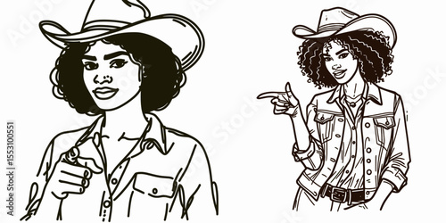 African American Cowgirl Pointing finger. Western Cartoon Clipart Cowboy Silhouette Line Art Vector Illustration. Dark-skinned female rancher directs attention with digit black woman.