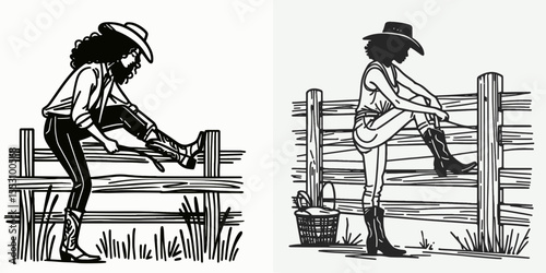 African American Cowgirl Putting boot on fence. Western Cartoon Clipart Cowboy Silhouette Line Art Vector Illustration. Black female rancher placing footwear upon wood barrier country.