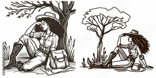 African American Cowgirl Resting under tree. Western Cartoon Clipart Cowboy Silhouette Line Art Vector Illustration. Black female rancher relaxing beneath woodland shade taking break rural.