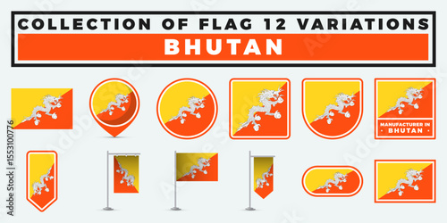 Bhutan Flag. 12 Variations of the National Symbol