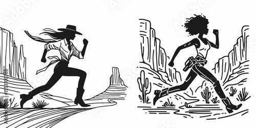 African American Cowgirl Running through canyon. Western Cartoon Clipart Cowboy Silhouette Line Art Vector Illustration. Black female rider sprints gorge a heritage scene.