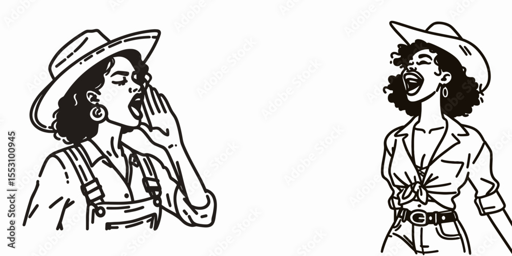 Obraz premium African American Cowgirl Shouting Yeehaw. Western Cartoon Clipart Cowboy Silhouette Line Art Vector Illustration. Black woman rider yelling a spirited cry express joy.