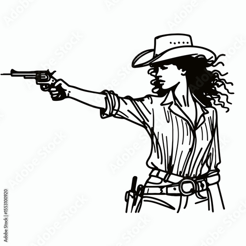 African American Cowgirl Shooting into air. Western Cartoon Clipart Cowboy Silhouette Line Art Vector Illustration. Woman of color rancher firing gun upward a image liberty.