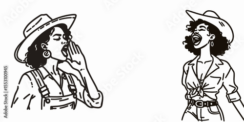 African American Cowgirl Shouting Yeehaw. Western Cartoon Clipart Cowboy Silhouette Line Art Vector Illustration. Black woman rider yelling a spirited cry express joy.