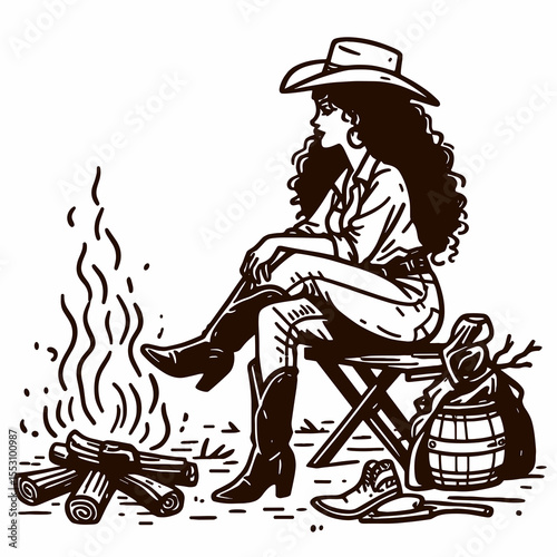 African American Cowgirl Sitting by a campfire. Western Cartoon Clipart Cowboy Silhouette Line Art Vector Illustration. Black woman rancher relaxing nearby blaze outdoor country theme.