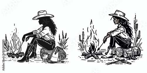 African American Cowgirl Sitting by a campfire. Western Cartoon Clipart Cowboy Silhouette Line Art Vector Illustration. Black female wrangler resting nearby blaze in countryside.