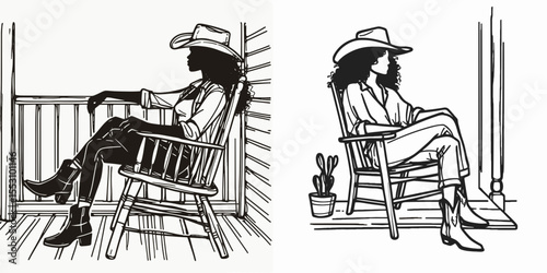 African American Cowgirl Sitting on porch chair. Western Cartoon Clipart Cowboy Silhouette Line Art Vector Illustration. Black woman rancher resting veranda seat at home in country america.