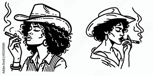 African American Cowgirl Smoking a cigar. Western Cartoon Clipart Cowboy Silhouette Line Art Vector Illustration. Black female rancher enjoys tobacco stogie heritage image.