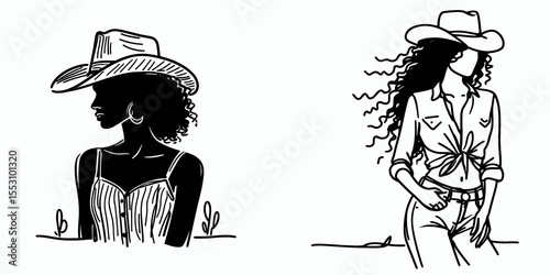 African American Cowgirl Standing in silhouette. Western Cartoon Clipart Cowboy Silhouette Line Art Vector Illustration. Dark figure of black woman rider at ranch style picture.