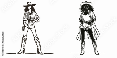 African American Cowgirl Standing tall with boots. Western Cartoon Clipart Cowboy Silhouette Line Art Vector Illustration. Black female rancher upright footwear heritage figure.