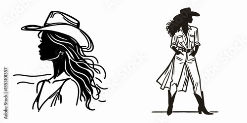 African American Cowgirl Standing in silhouette. Western Cartoon Clipart Cowboy Silhouette Line Art Vector Illustration. Dark figure of black woman rancher person outlined at sunset.