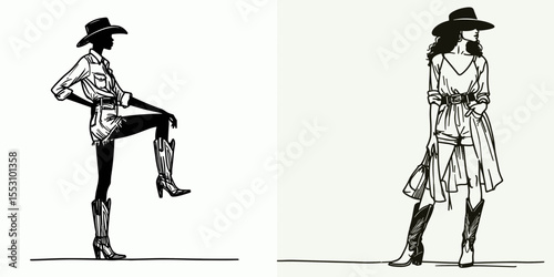 African American Cowgirl Standing tall with boots. Western Cartoon Clipart Cowboy Silhouette Line Art Vector Illustration. Black female rider upright footwear brave archetype figure.