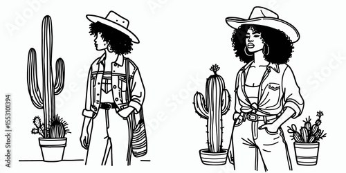 African American Cowgirl Standing with cactus. Western Cartoon Clipart Cowboy Silhouette Line Art Vector Illustration. Black female rancher posing near desert plant heritage scene.