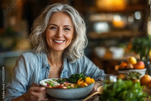 Mature woman smiling at the camera while having a Buddha bowl, enjoying a healthy meal and wellness with positivity, Generative AI