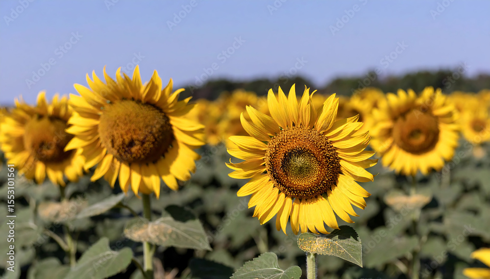 Fototapeta premium Vibrant sunflower field under a clear sky. Symbol of happiness, warmth, and summer. Perfect for nature, agriculture, and inspirational designs. Bright, uplifting, and cheerful.