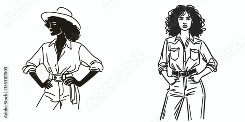 African American Cowgirl Standing with hands on hips. Western Cartoon Clipart Cowboy Silhouette Line Art Vector Illustration. Woman of color rancher posing hand waist way life image.