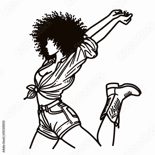 African American Cowgirl Stretching arms. Western Cartoon Clipart Cowboy Silhouette Line Art Vector Illustration. Black woman rancher extending limb warm up exercise country activity.