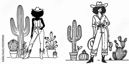 African American Cowgirl Standing with cactus. Western Cartoon Clipart Cowboy Silhouette Line Art Vector Illustration. Black female rancher posing near desert plant genre culture.