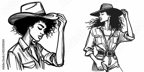 African American Cowgirl Taking off hat. Western Cartoon Clipart Cowboy Silhouette Line Art Vector Illustration. Black female rancher doffing headgear rural scene attire head covering.