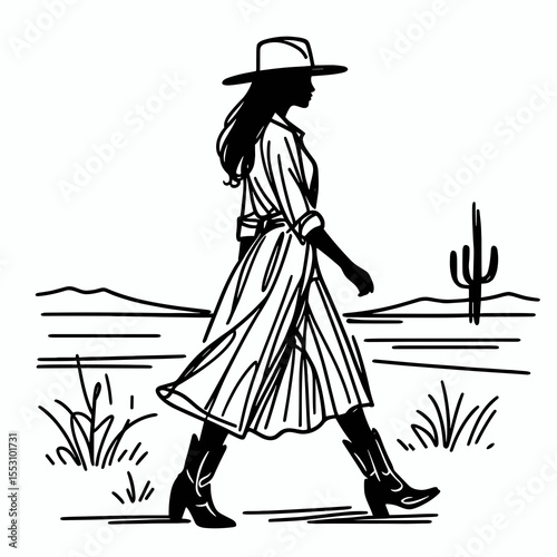 African American Cowgirl Walking into the sunset. Western Cartoon Clipart Cowboy Silhouette Line Art Vector Illustration. Black female rancher sauntering toward sundown rural scene.