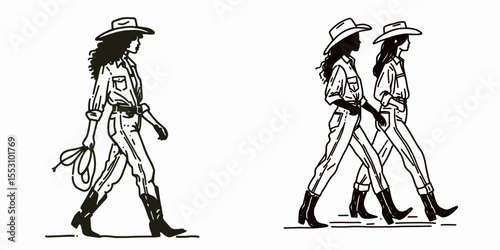 African American Cowgirl Walking side by side. Western Cartoon Clipart Cowboy Silhouette Line Art Vector Illustration. Black female rancher strolling near pal alongside partner culture.